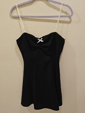 Black Spaghetti-Strap Slip Dress with White Trim